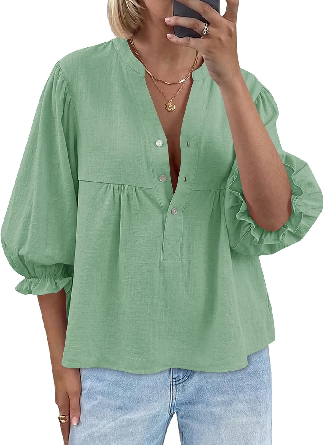 Tankaneo Womens Puff Sleeve Babydoll Tops V Neck Button Down Blouse Cute Casual Loose Fit Flowy Shirts