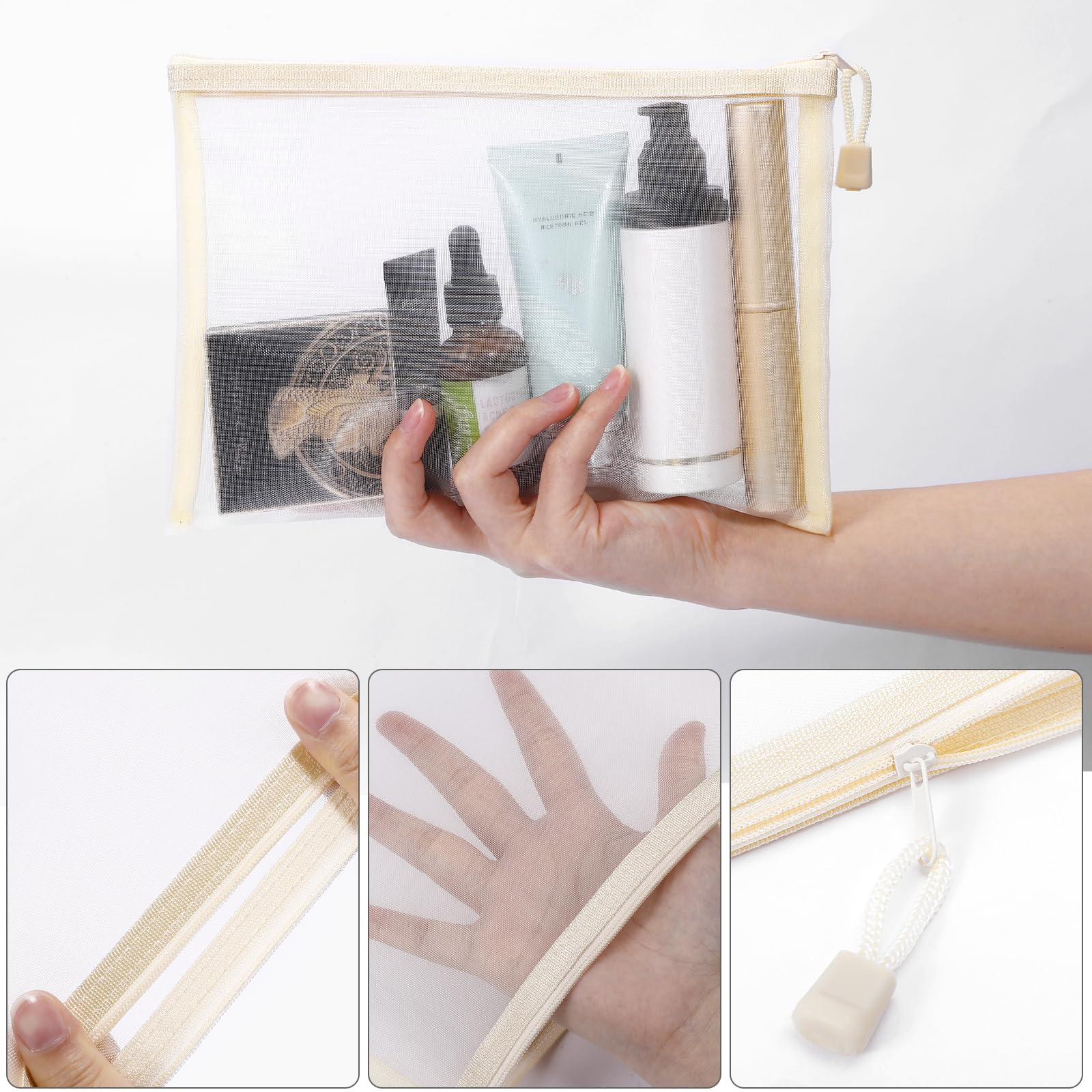 Lot de 12 trousses à fermeture éclair en maille de nylon pour cosmétiques, cosmétiques, fournitures scolaires, fournitures de bureau et accessoires de voyage, beige, A5