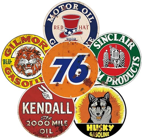 6 letreros metálicos redondos de estilo vintage, letreros reproducidos a gasóleo, 11.8 pulgadas de diámetro