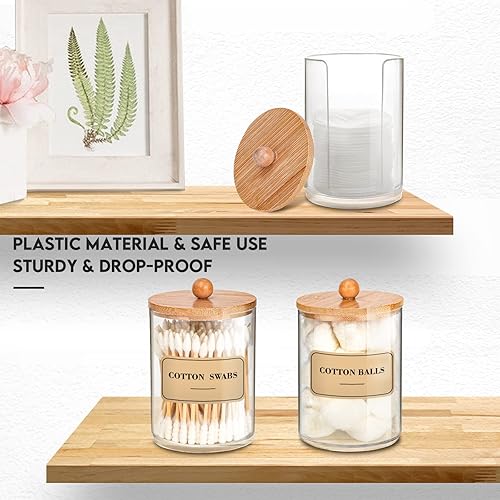 Miniatura 6 de Mierting Juego de accesorios de baño 5 piezas dispensador de jabón de manos y platos de plástico transparente con bomba de bambú soporte Qtip