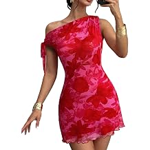 Narecte Womens One Shoulder Floral Mini Dress Self Tie Summer Dress