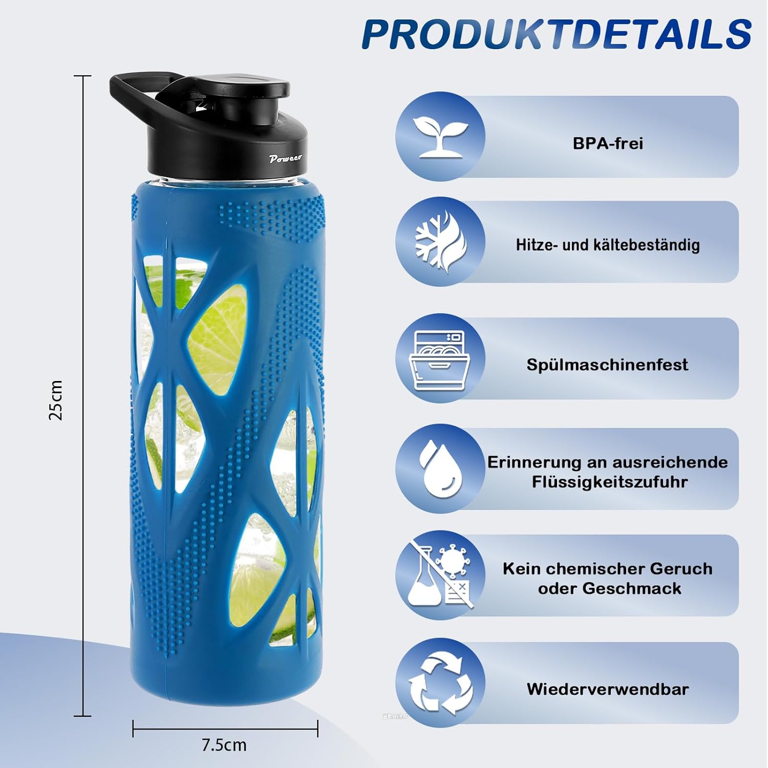 24oz glass water bottle with silicone sleeve and spout lid - high borosilicate glass, wide mouth, leakproof with handle, bpa-free, perfect for hydration on the go (deep blue) midnight blue