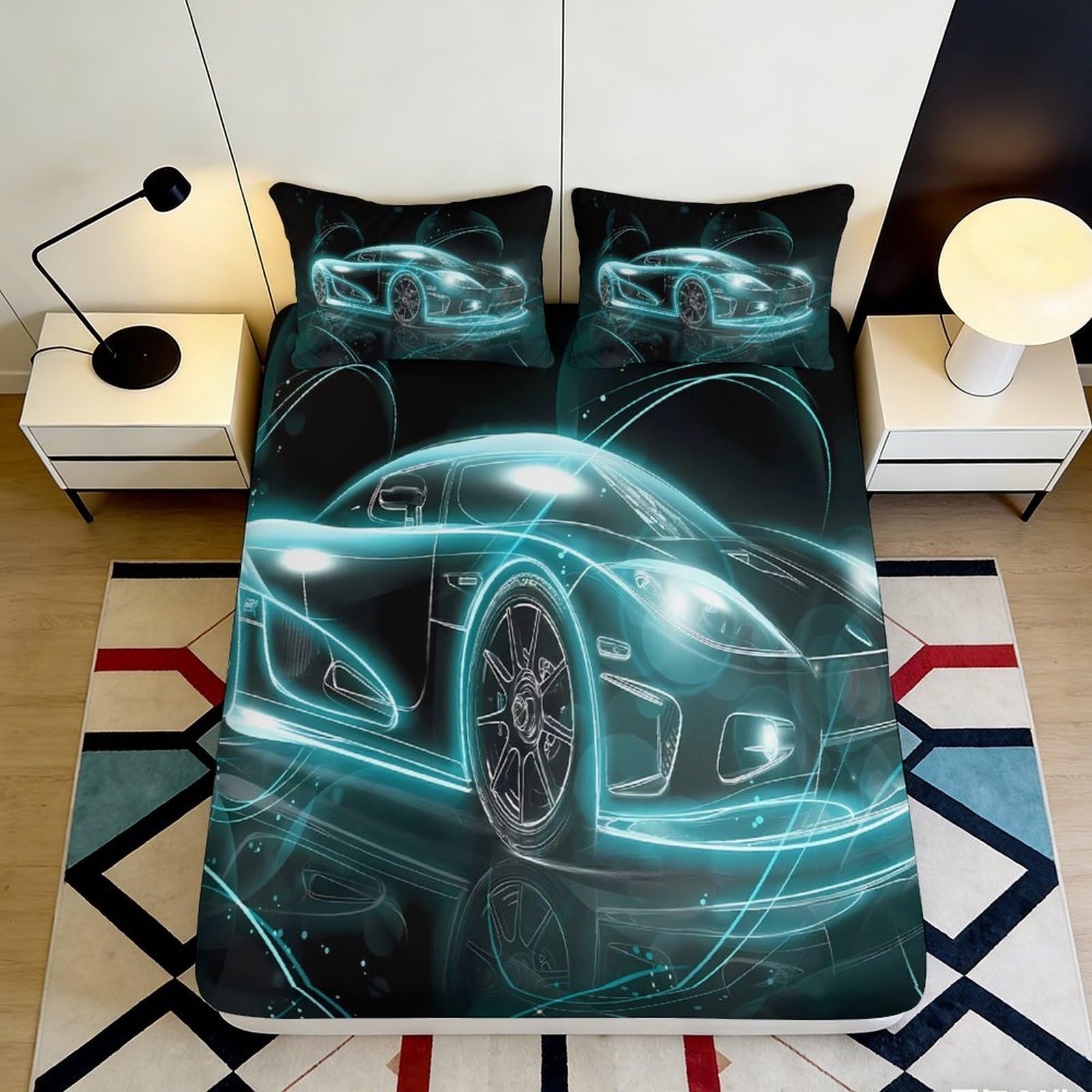 3D Printed Neon Car Fitted Sheet Microfiber Soft Durable Futuristic Sports Car Mattress Cover for Bedroom Dormitory Guest Room Mattress Protection Decor 180x200x25cm