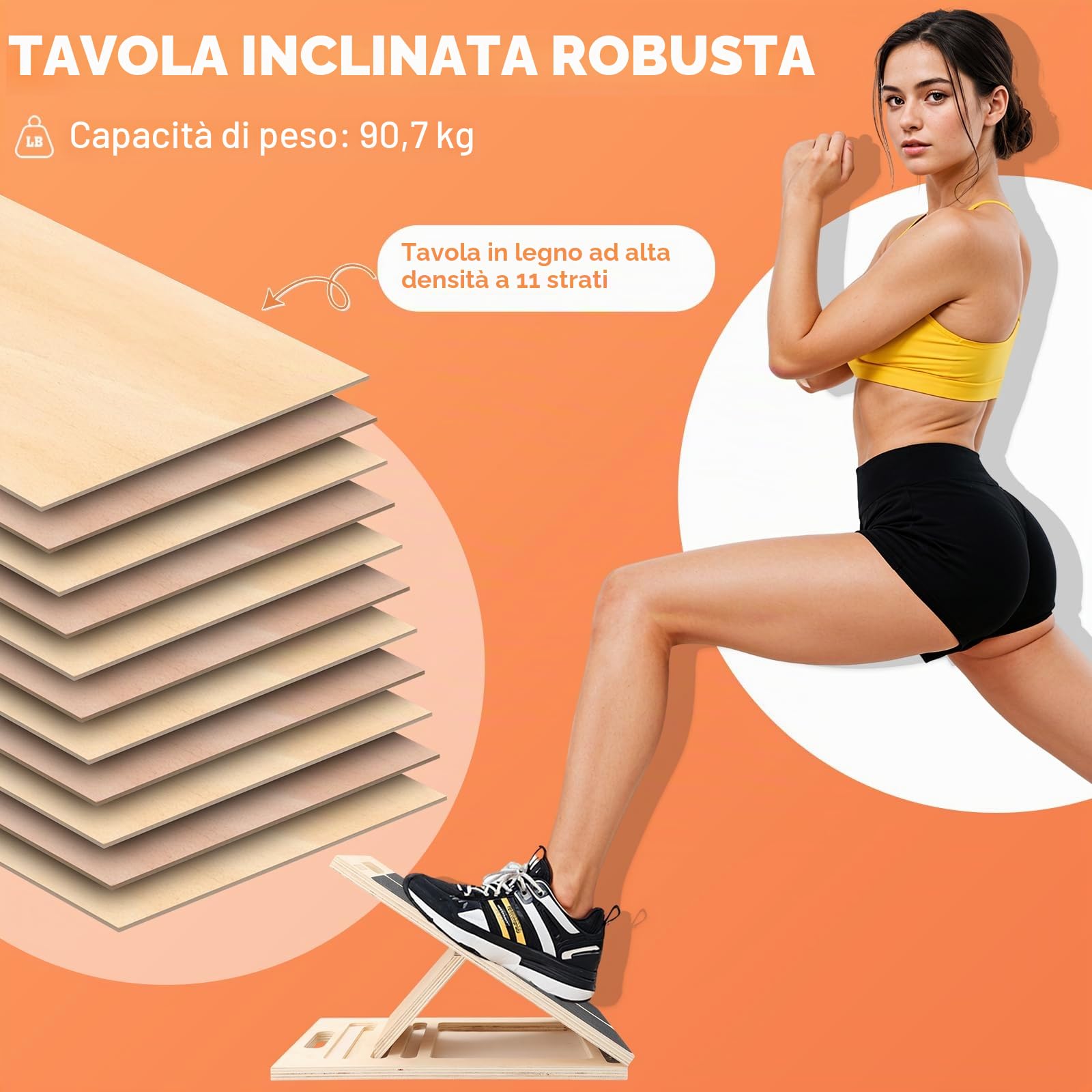Tavola inclinata per allungamento del polpaccio, regolabile in legno per polpaccio, inclinabile, per squat, gambe, ginocchia, tallone, caviglia, stretching