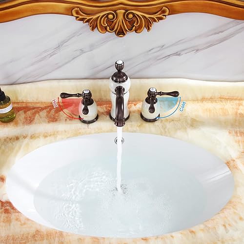 Miniatura 6 de Grifo de baño con acabado marrón oscuro de latón macizo y piedra de jade blanco natural, mezclador de lujo de 3 agujeros, doble mango, grifos de