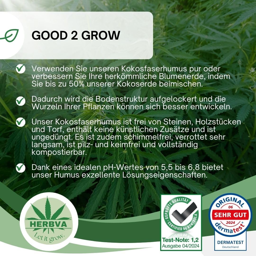 Bio Kokoserde - Herbva Growerde 140L (2X 5kg) | Hochwertige Kokosfaserhumus für Indoor & Outdoor, Anzuchterde, Professioneller Growmix | Ideal für den Anbau von Heimpflanzen| Bio Erde für Pflanzen
