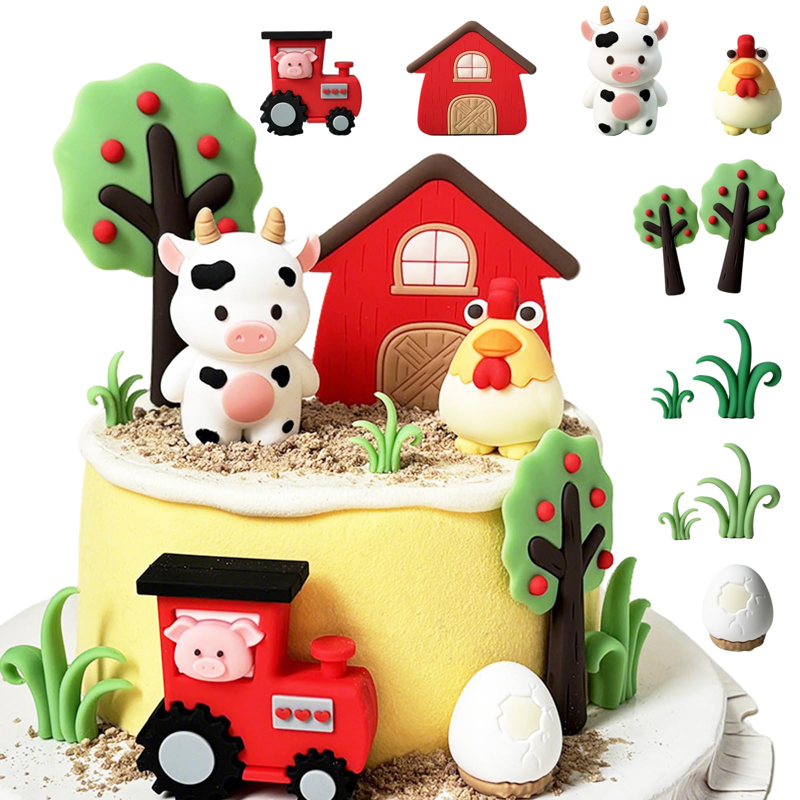 Alwodici 11Pcs Farm Animal Cake Toppers 3d Farm Cake Decor Cute Animal Cupcake Picks With Cow Chicken Pig Tractor Red Barn Tree Grass Egg Farms Theme Decor For Kid Boy Girl Party Birthday Baby Shower