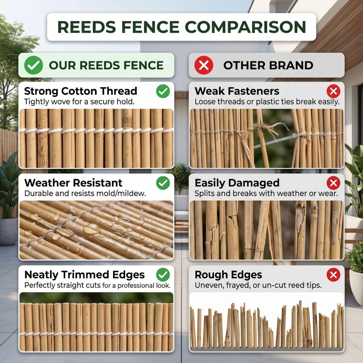 Arella in Bambù Naturale Privacy 100/120/130/150/180 cm Cannette in Canne Canniccio con Fascette per Esterno Rilegate Giardino Terrazza Balcone Piscina Gazebo Stuoia Ombreggiante(Bianco,H80xL150cm)