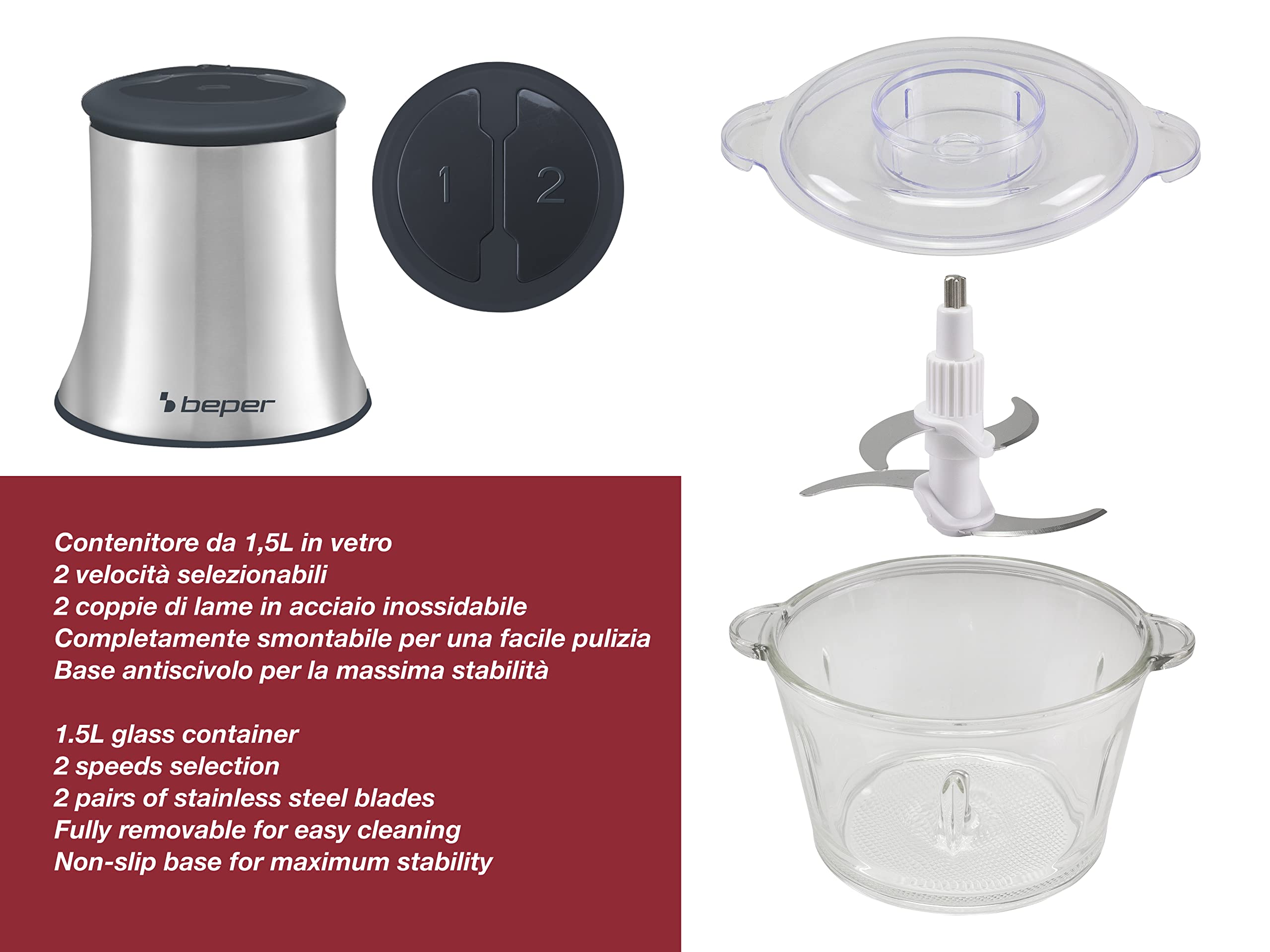 BEPER P102ROB001 Picador de vidrio, Recipiente de vidrio, Cuerpo Abs, Doble par de cuchillas de acero, 2 velocidades, Base antideslizante, Capacidad 1.5L, Gris/Negro