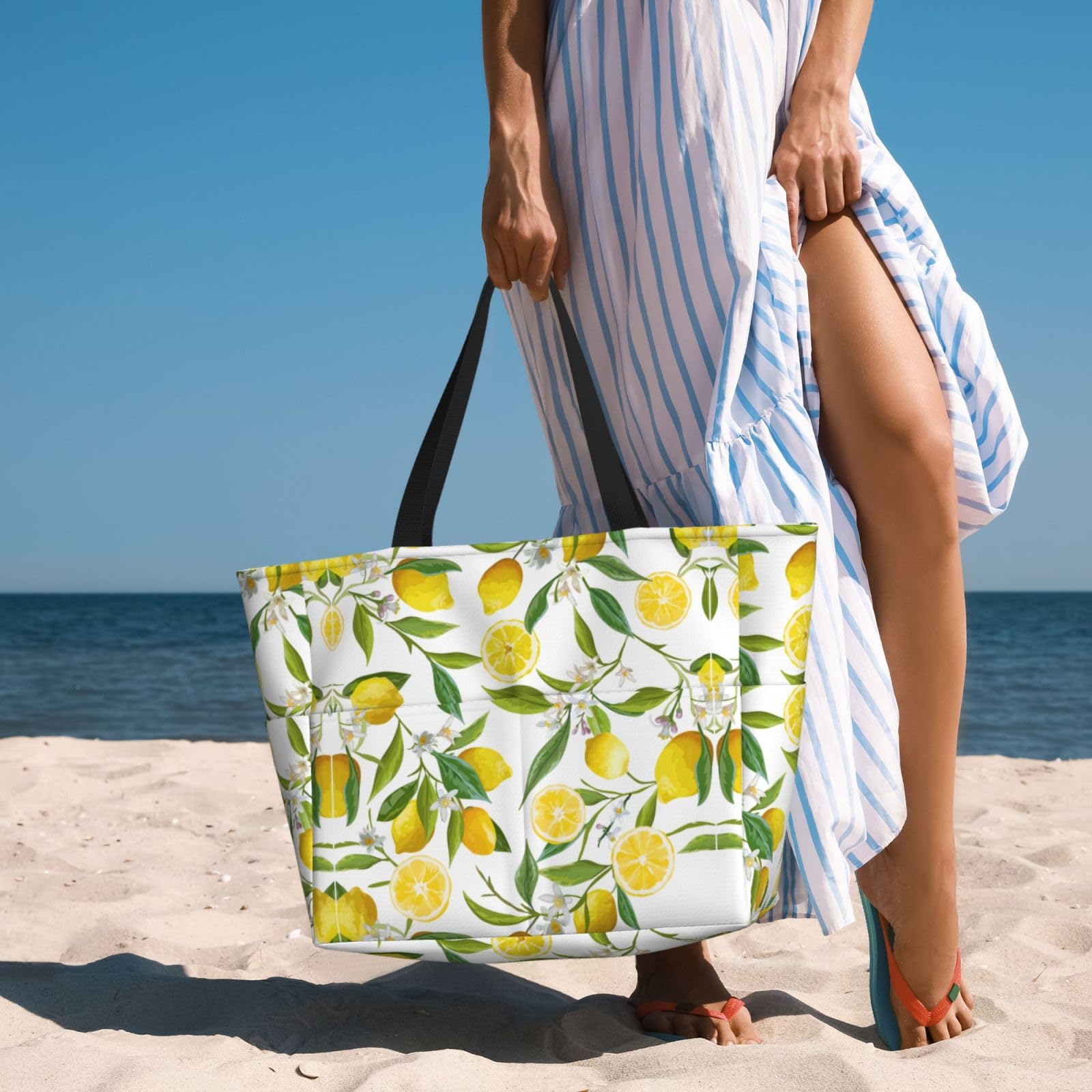 Borsa da spiaggia con limoni tropicali freschi e borsa da piscina da donna Ton di tasche. Borsa da spiaggia è borsa da palestra con cerniera da viaggio