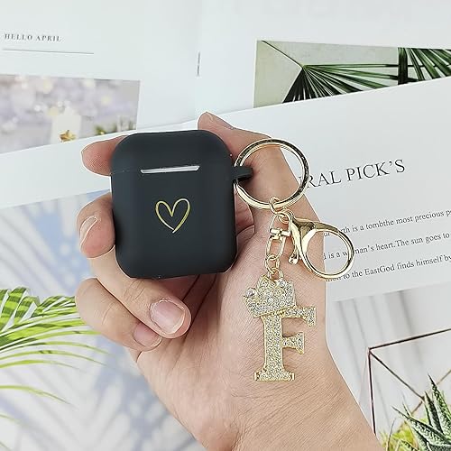 Miniatura 6 de Funda compatible con AirPods, funda de silicona suave con patrón de corazón dorado para AirPods de 2 y 1 generación, con llavero de letra A-Z con