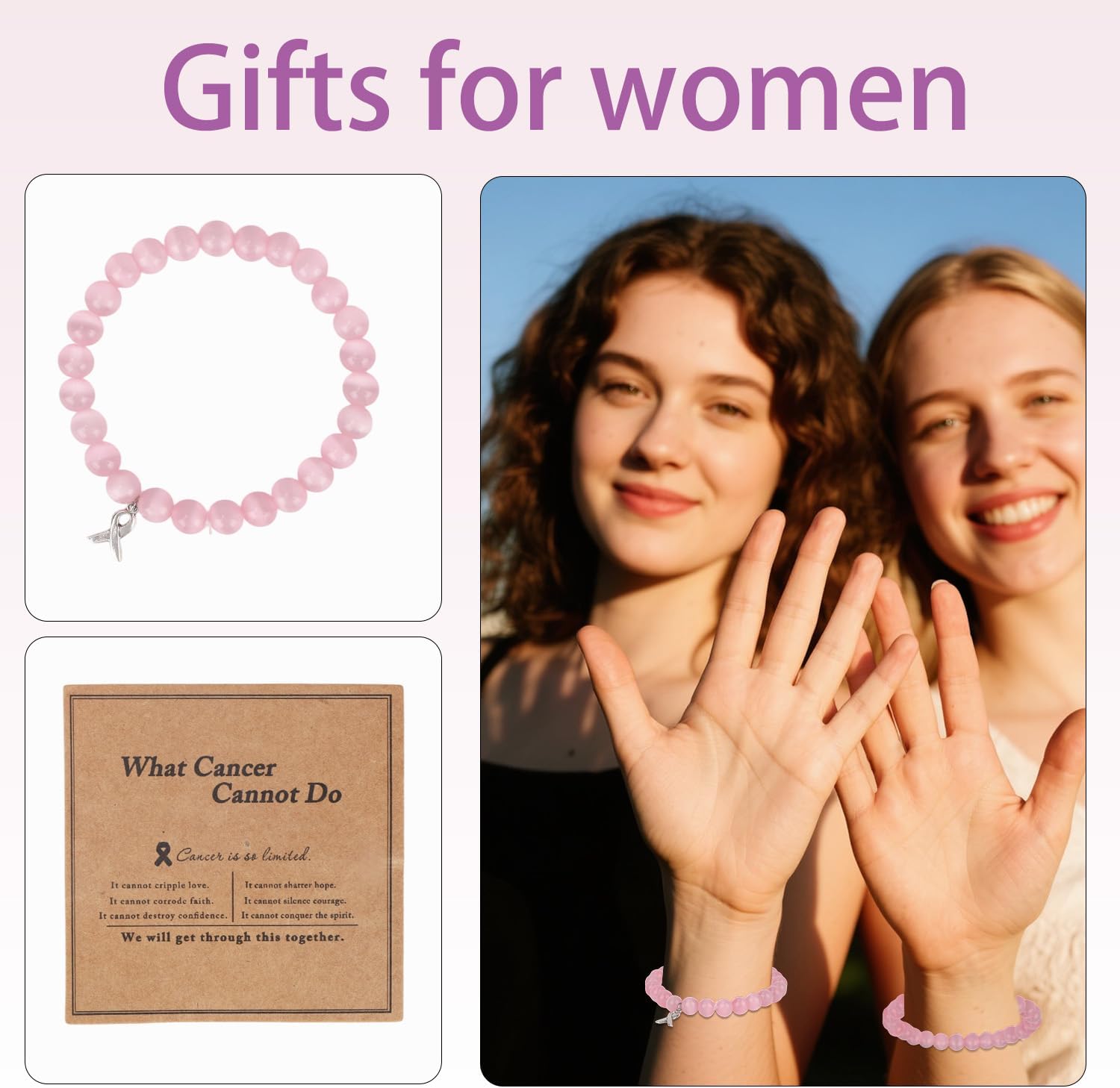 Pink Crystal Bracelet, Rose Quartz Bead Jewelry Inspirational Handmade Elastic Bracelet with Encouragement Card for Women & Men Gifts - Image 7