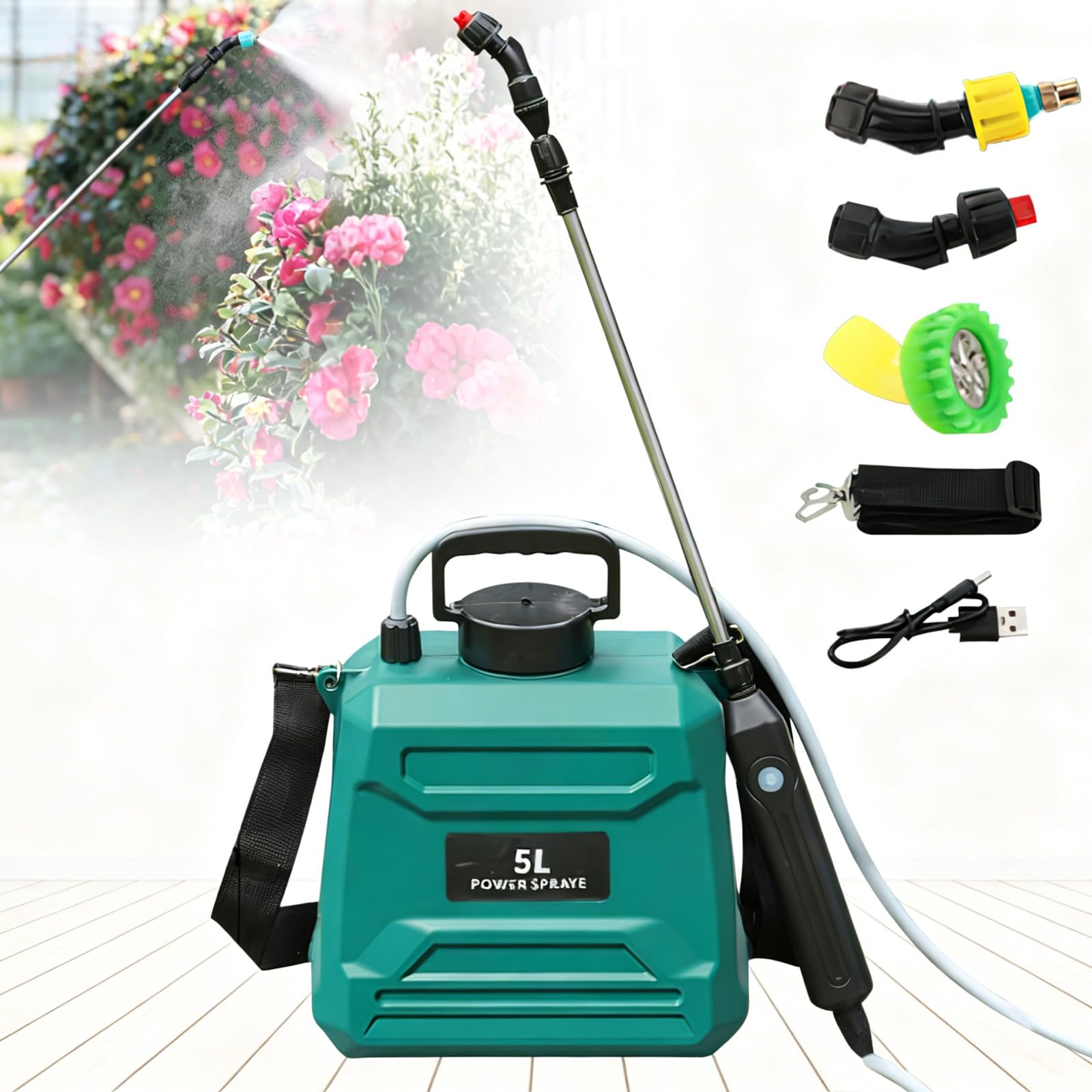 5L Electric Garden Sprayer, Rechargeable Battery Powered Water Sprayer with 3 Mist Nozzles/Retractable Wand/Adjustable Shoulder Strap, Adjustable for Indoor,Outdoor, Garden, Weed Killers