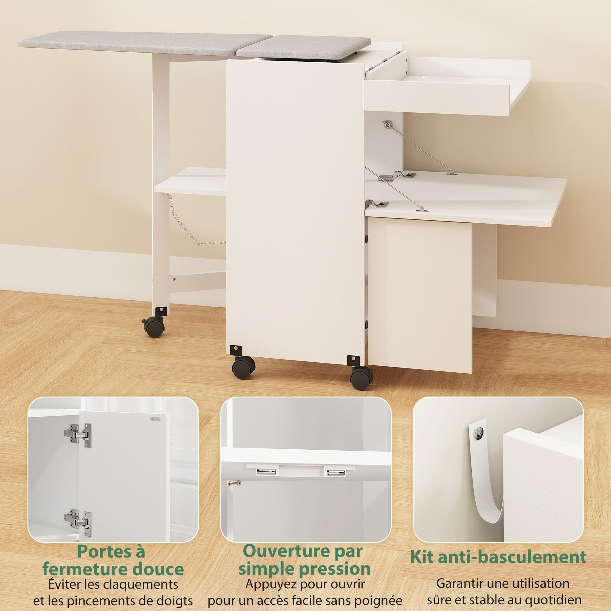 HOMCOM Meuble à Repasser Pliante sur roulettes 154x55x87cm Blanc | Table à Repasser avec Repose-Fer, Portes par Pression, Charnières à Fermeture Douce, pour Petits Espaces, Buanderie