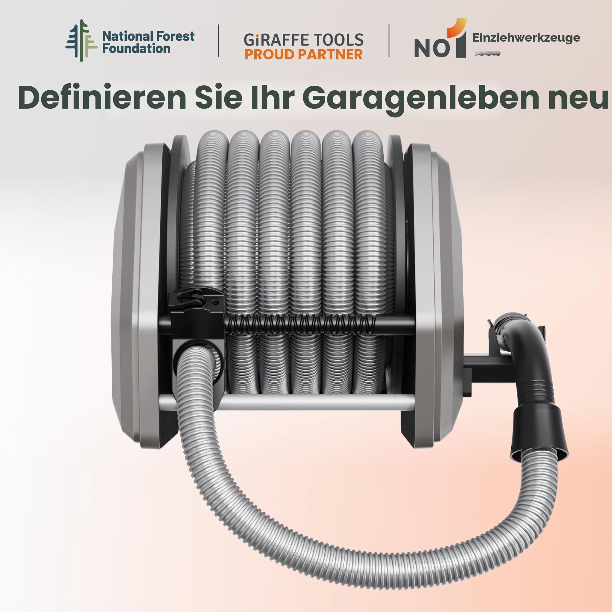 Giraffe Tools 32 mm Vakuumschlauchtrommel mit 9,2 m Verlängerung, einziehbarer Schlauch, Wandmontage, austauschbarer Schlauch, geeignet für 3,8 cm Nass- und Trockensauger