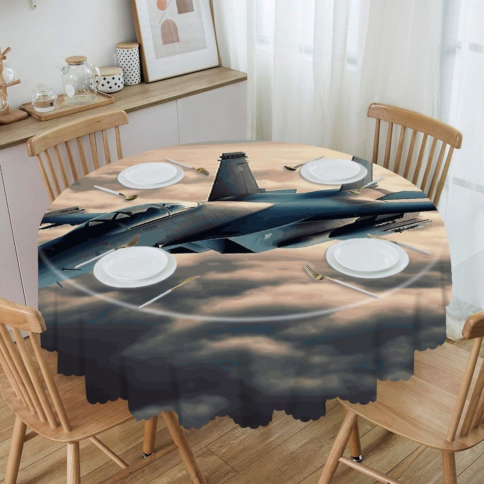 VstaDank Aircraft Fighter Jets Round Tablecloth 60 Inch Easy Clean Round Thick Decorative Polyester Tablecloth for Dining Kitchen Party Farmhouse Outdoor