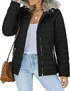 Uqnaivs Womens Winter Quilted Jacket Faux Fur Collar Zip Up Parka Puffer Coat