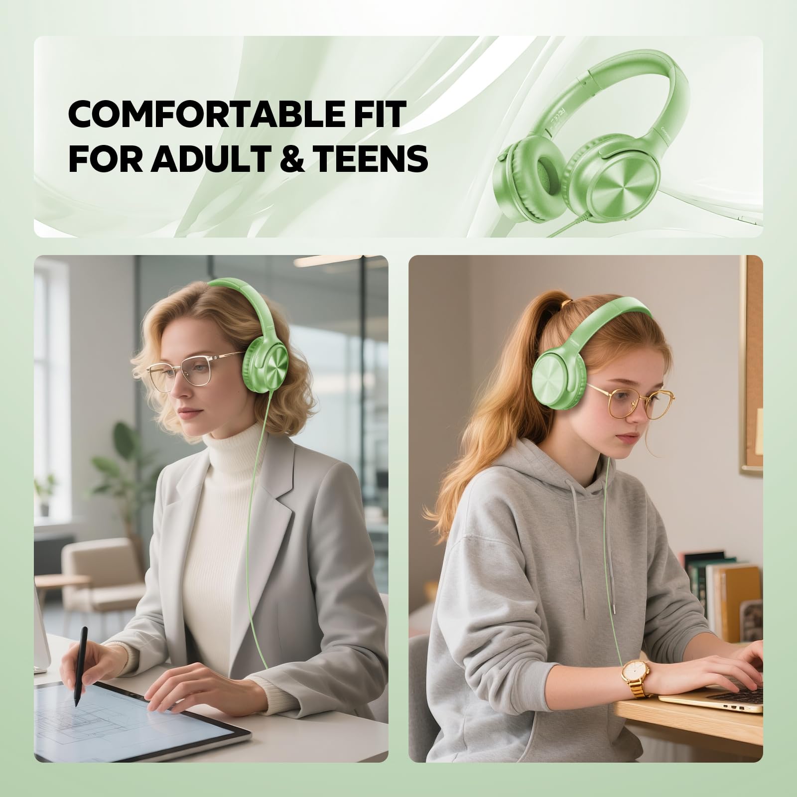 Cowyawn Cuffie USB C cablate, over-ear, con cavo USB C, con microfono, controllo del volume, suono stereo HD, cuffie pieghevoli USB di tipo C per adulti/ragazzi/laptop/computer/iPhone 15/16/17, verde
