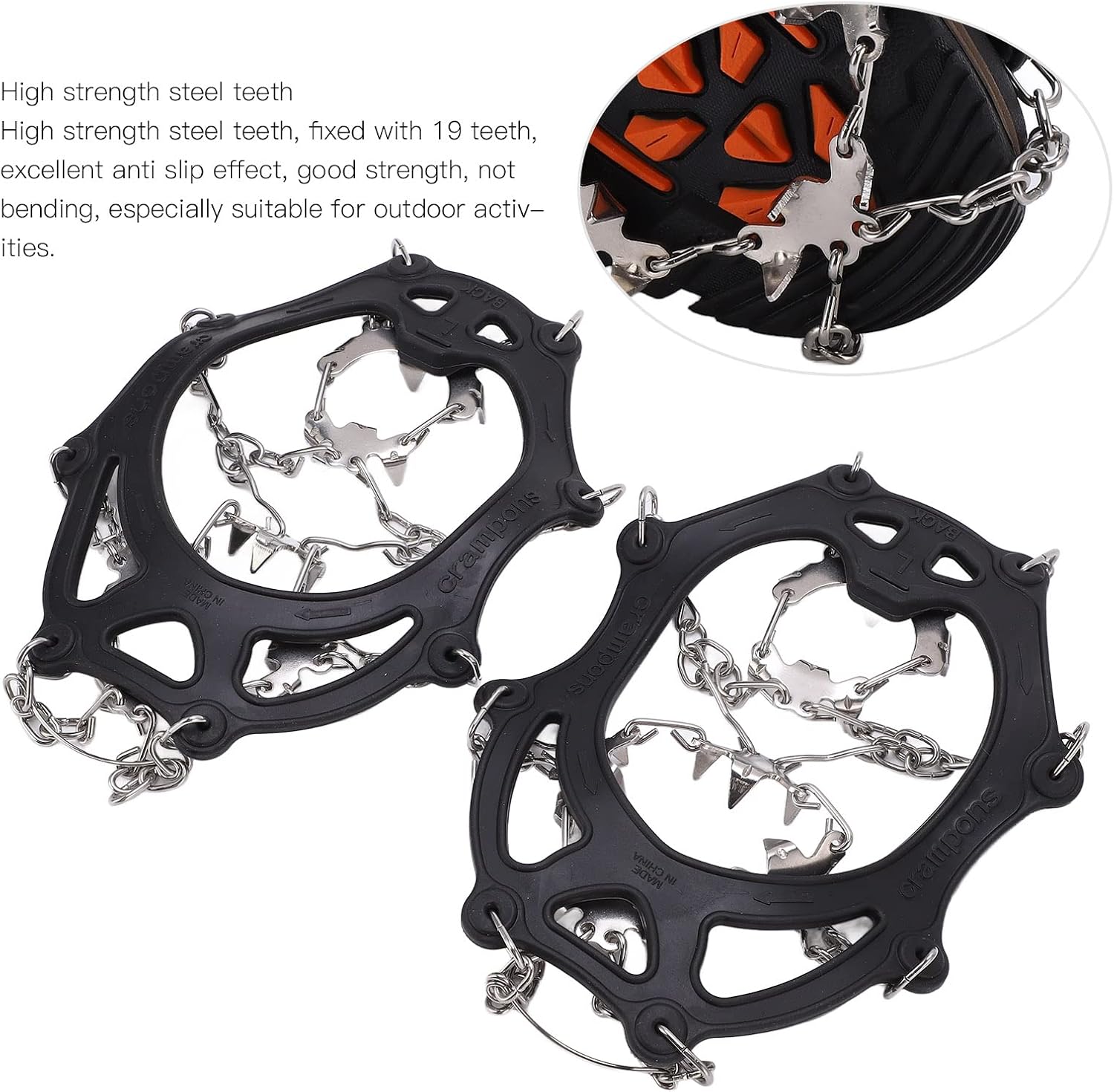 Ice Traction Cleats with 19 Stainless Steel Spikes, Snow Grips for Shoes, Non Slip Crampons Made of High Elasticity TPE for Hiking Walking Mountaineering in Winter
