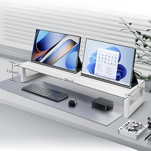 Miniatura 4 de Soporte elevador para monitor doble, soporte para monitor de computadora de 28 pulgadas con ranura multifuncional para 2 monitores, almacenamiento