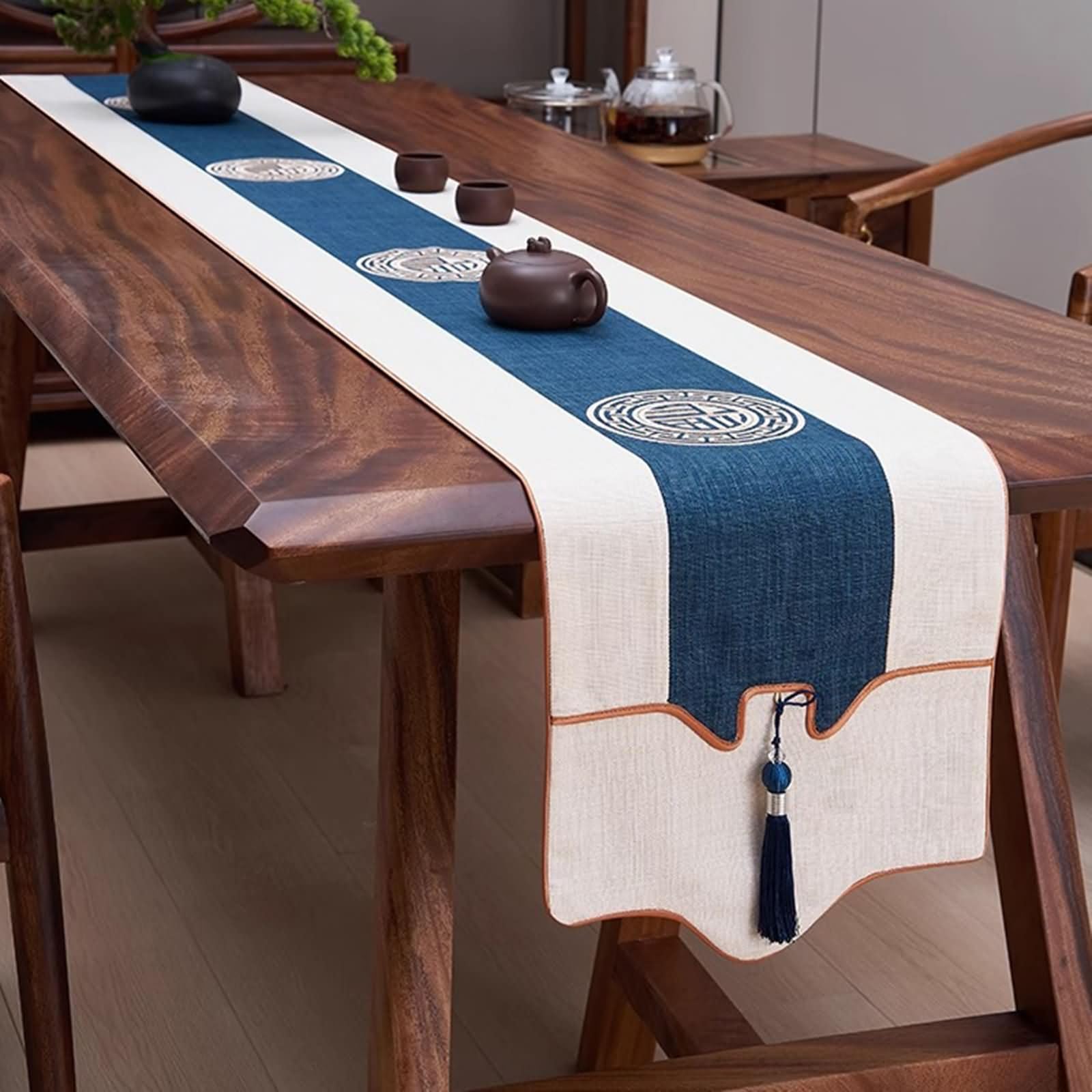 Runner da Tavola Beige Blu con Ricamo,Poliestere,33x270cm