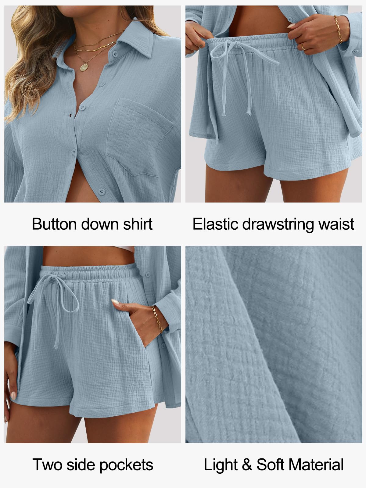 CheChury Completi Tuta Casual 2 Pezzi da Donna Estivo Completi Manica Corta in Cotone e Lino Camicie abbottonate e Mini Pantaloni Corti con Coulisse a Vita Alta Set con Tasche per Estate Spiaggia