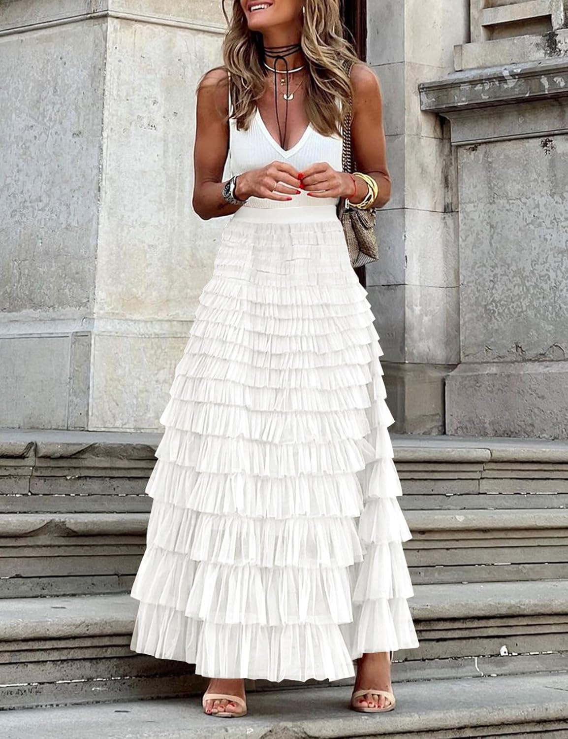 Flygo Women's Long Maxi Tulle Skirts A Line Ruffle High Waisted Tiered Layered Mesh Tutu Skirt Petticoat - Image 8