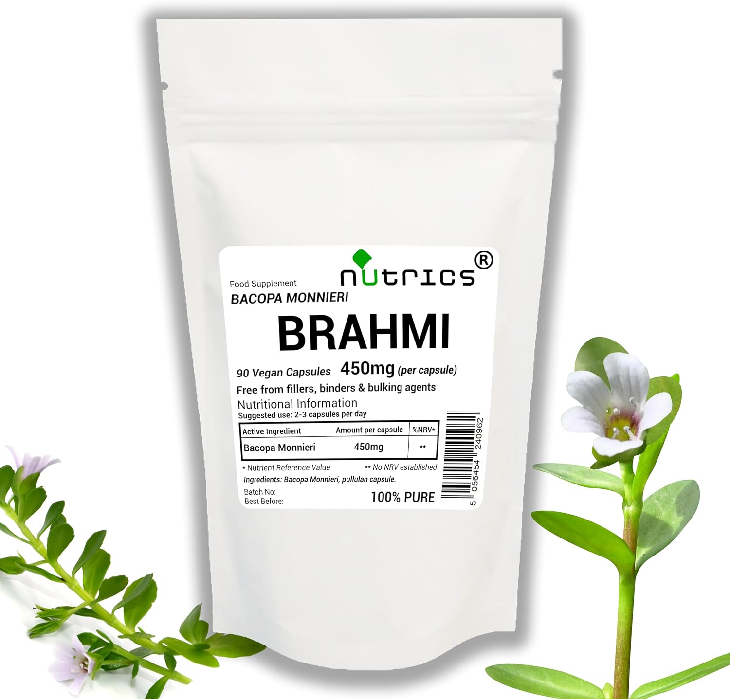 BACOPA MONNIERI 450mg x 90 V Capsules BRAHMI BRAMMI – 100% Pure – No fillers Binders or Bulking Agents (90)