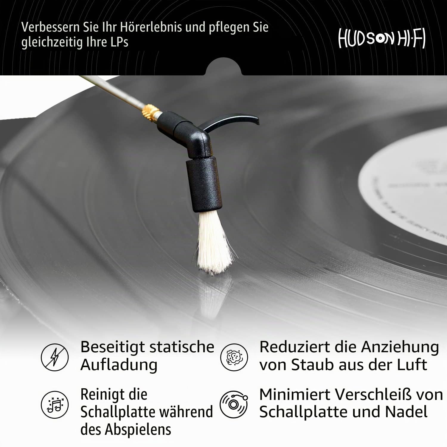 Hudson Hi-Fi Schallplattenreiniger Antistatische Bürste - Schallplattenreinigung Arm Bürste Reiniger Antistatische LP Reinigungsbürste - Plattenspieler Reinigung Schallplattenbürste transparent