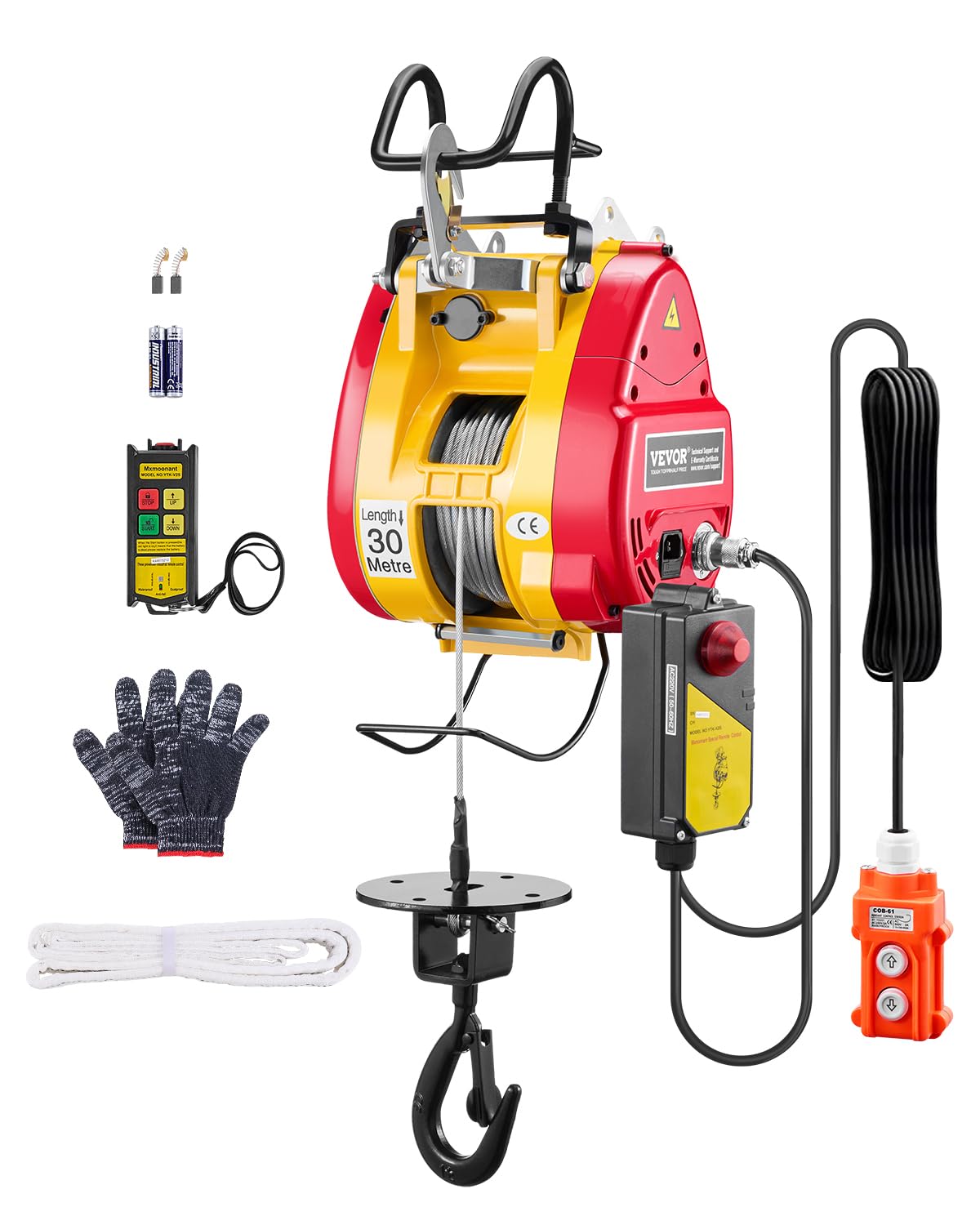 VEVOR Palan Électrique 2 en 1, 500 kg, Treuil Électrique Portable de Levage 1500 W Hauteur de Levage 30 m Vitesse 11 m/min Téléc