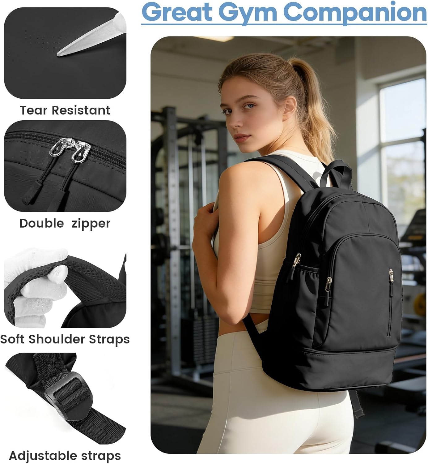 Black Gym Backpack for Women Men, Dance Backpacks With Shoe Compartment, Sports Back pack For Yoga Fitness Beach Hiking Sports