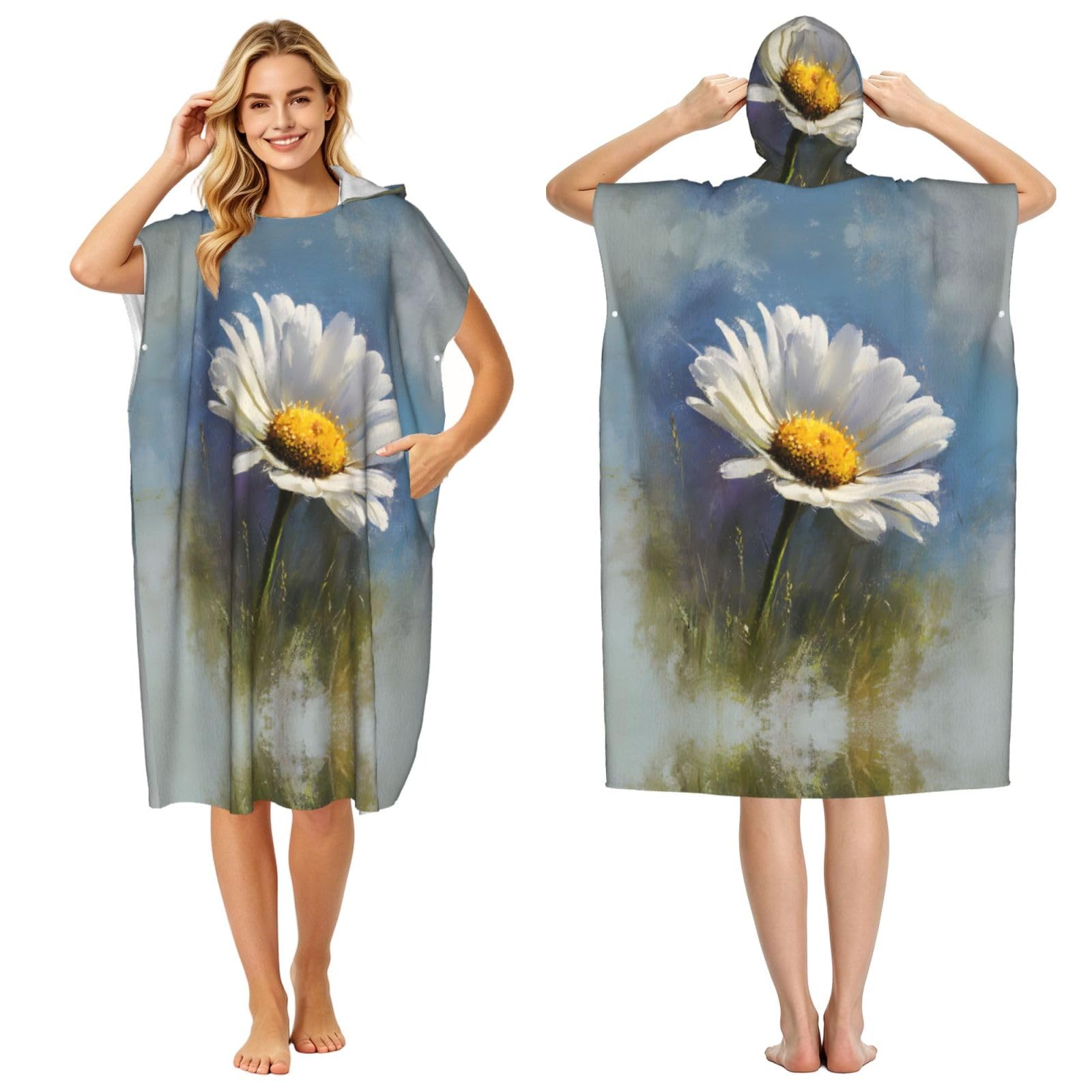 EZDLOWVBA Pretty Daisy Print Hooded Poncho Microfiber Beach Towel,Adult Women & Men Changing Robe,Lightweight Summer Surf Swim Bath Poncho Towel
