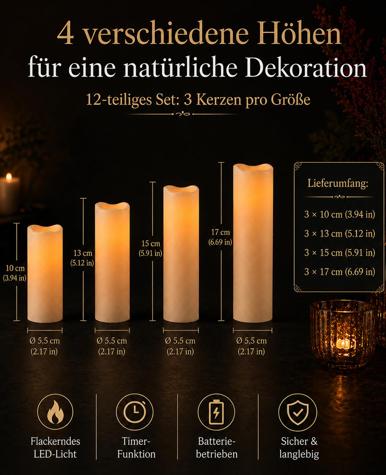 LED Outdoor Kerzen 12 Stück mit Fernbedienung, Wasserdichte Batteriekerzen IP55 mit Timer & Flackerndem Warmweiß Licht, Flammenlose Kerzen für Garten, Balkon, Laterne, Hochzeit & Weihnachten