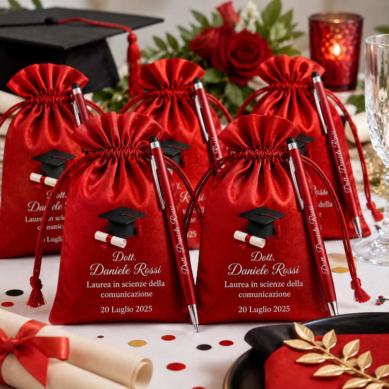 Cormar Kit Bomboniere Laurea Personalizzate, Rosso, 12 Sacchetti in Raso con 12 Penne Personalizzate, Nome, Facoltà e Data (STILE 3)