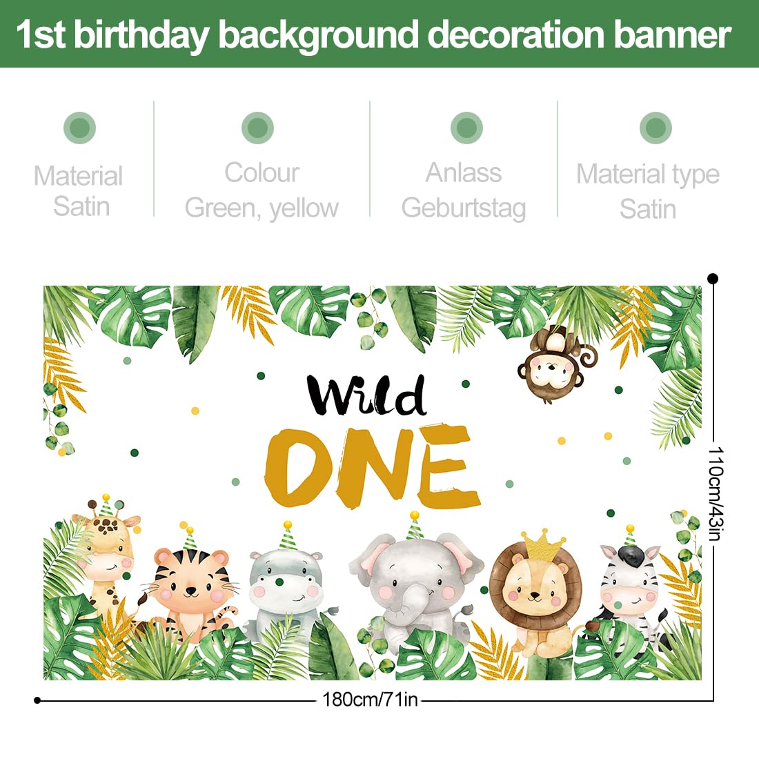 VIKSAUN Toile De Fond Anniversaire Wild One Jungle - Bannière 180x110cm Thème Animaux Safari Éléphant Lion