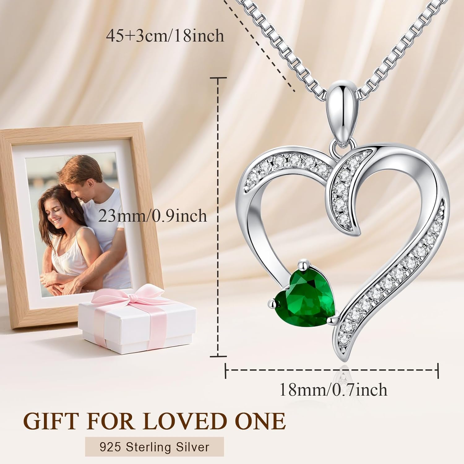 Love Heart Necklace for Women, 925 Sterling Silver Cubic Zirconia Birthstone Heart Pendant Jewelry Gift for Mom, Mother, Wife, Girlfriend on Birthday, Mother's Day, Chain 18 inch