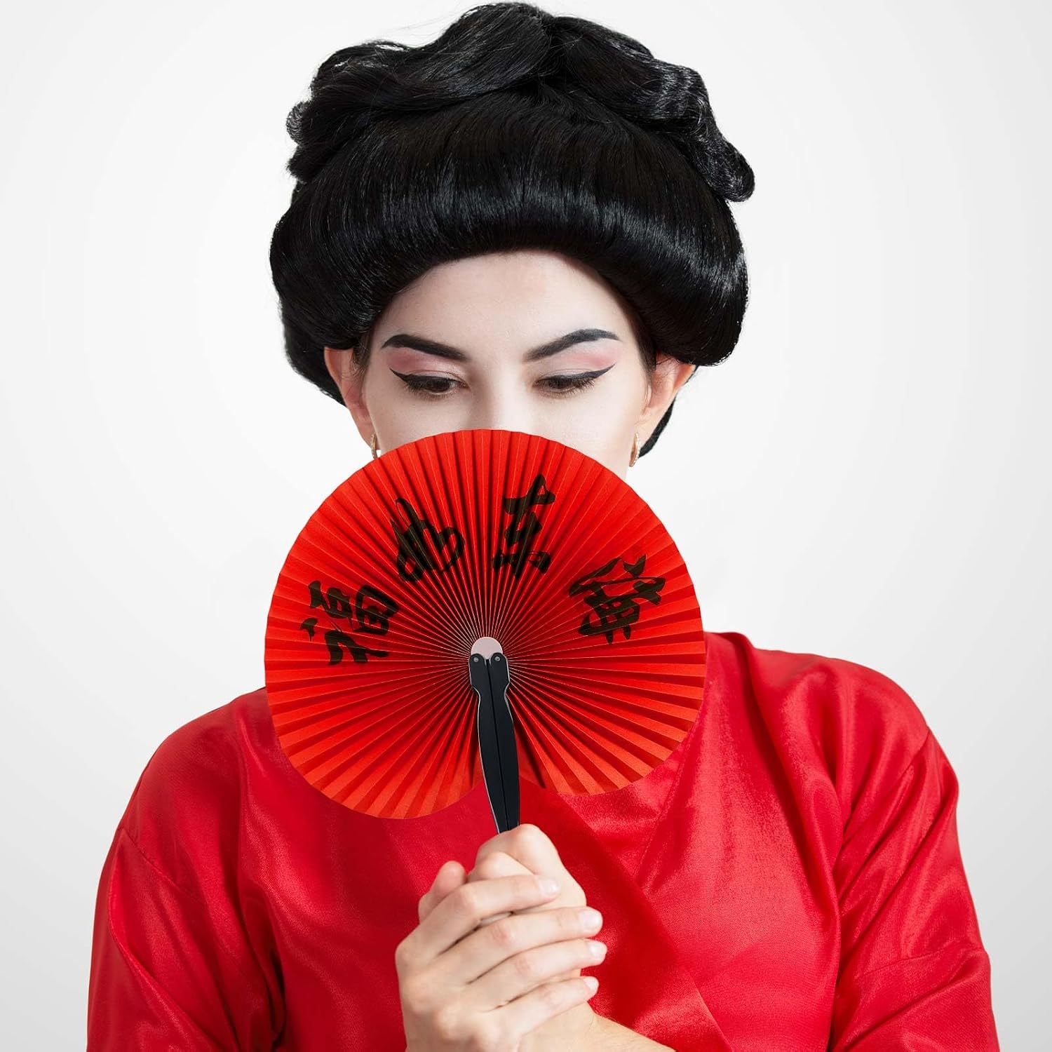 Jetec 40 Pcs Chinese Fans Paper Chinese New Year 2026 Decoration Folding Hand Asian Oriental Japanese Fans Handheld for Summer Festival Wedding Dancing Birthday Party Supply (White,Black,Red,Round)
