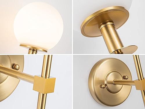 Miniatura 8 de Paquete de 2 apliques de paredluces de pared, no cableados de latón dorado - Lámparas de pared de globo de vidrio blanco, lámpara inalámbrica para
