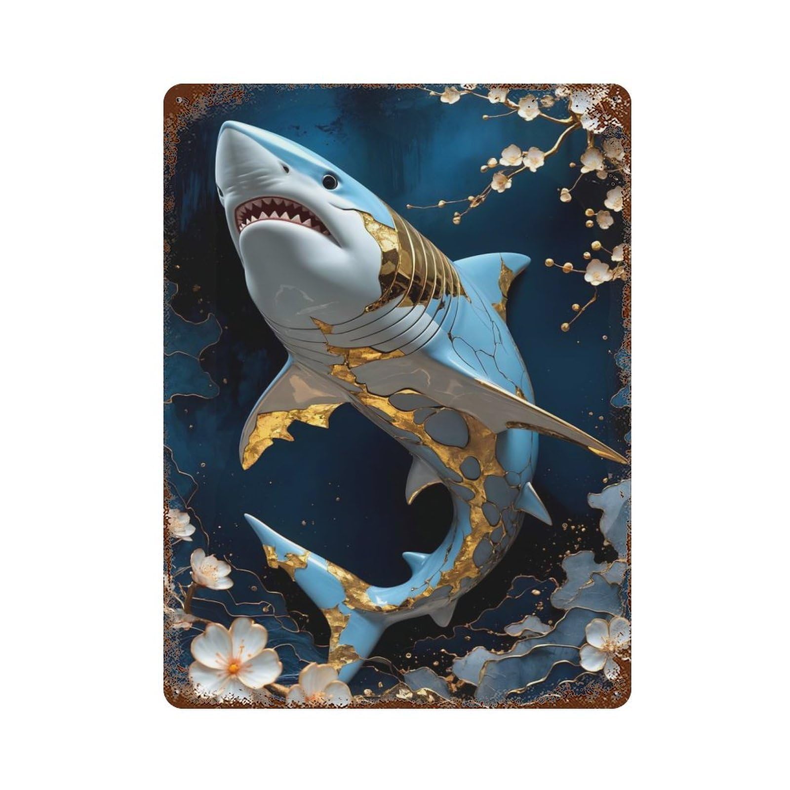 Shark Gold Kintsugi Art Vintage Metal Tin Sign 15.7"x11.8", Old School Wall Decor for Living Room, Hallway And Home Decor