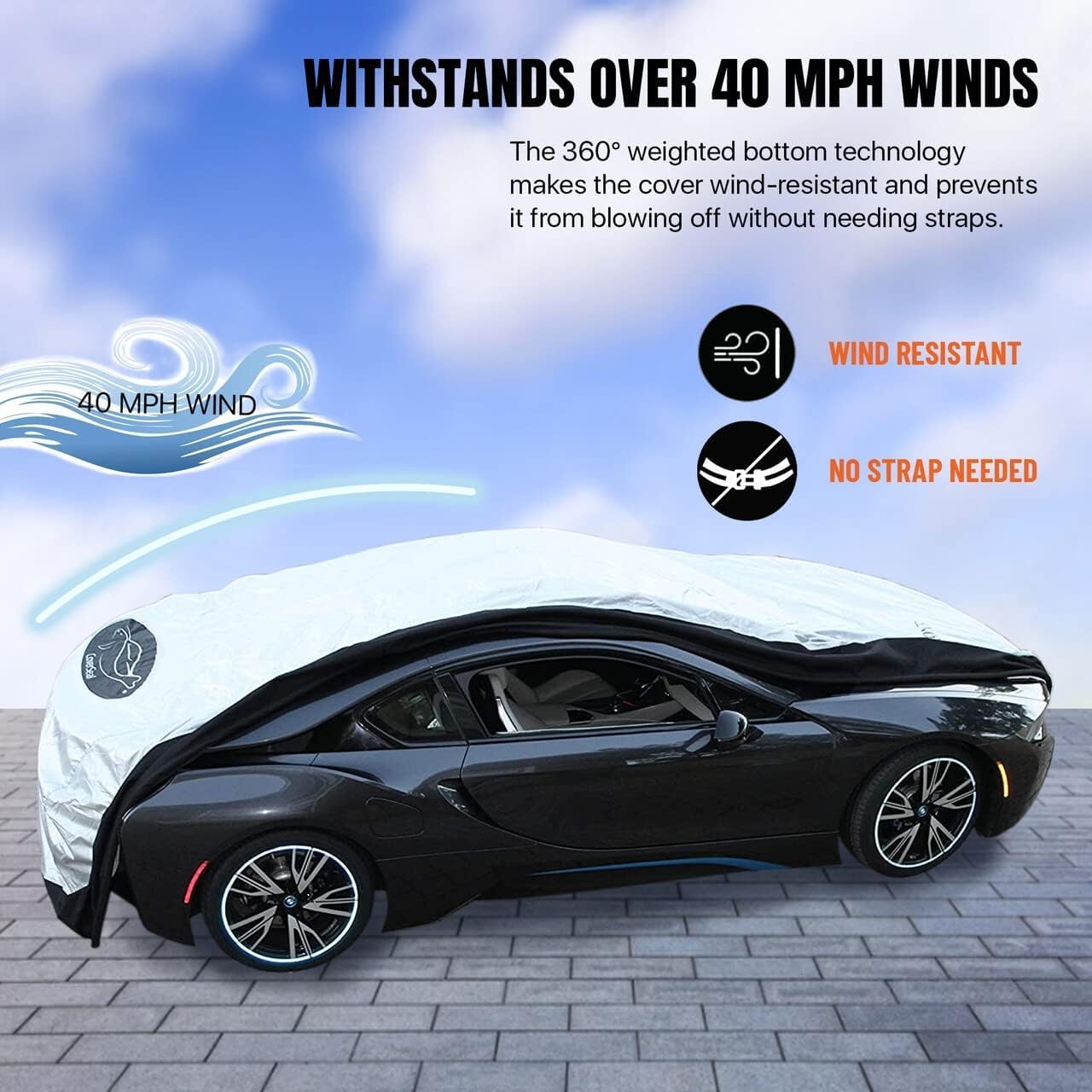 Heavy Duty Outdoor Car Cover with Patented Weighted Ground Conforming Apron Seal – Wind Resistant, Dust, & Water Protection for Automobiles - Large Size 215 L x 75 W x 67 H inch Max