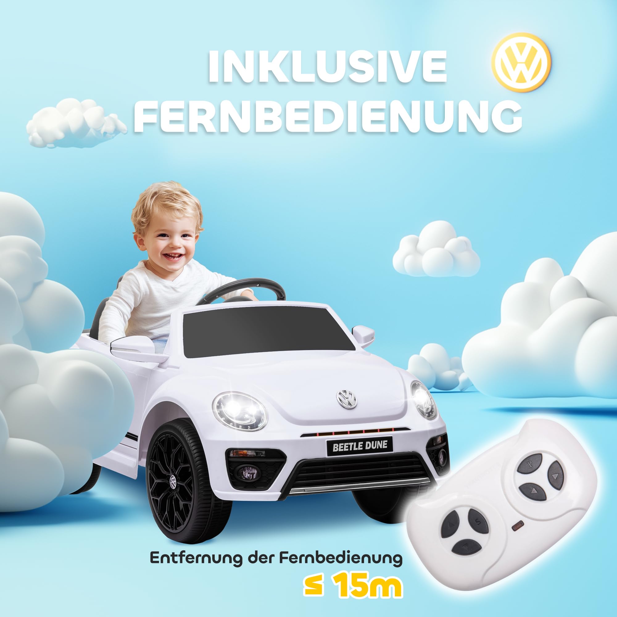 AIYAPLAY auto elettrica per bambini 12V auto per bambini con telecomando 2.4G, musica, clacson, auto elettrica con luci LED, connessione USB/MP3, 3-5 km/h, per bambini 3-5 anni, bianco