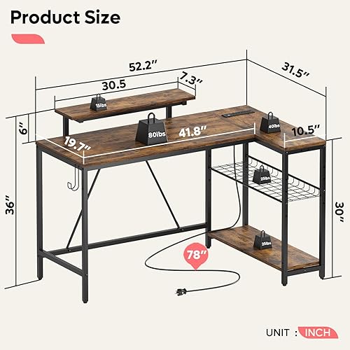 Miniatura 53 de Bestier Escritorio en forma de L de 58 L con tomas de corriente, escritorio esquinero para oficina en casa con estantes reversibles y luces LED,