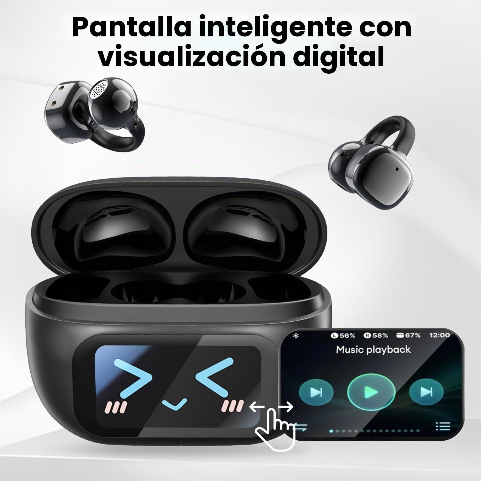 PTHTECHUS Auriculares Inalámbricos Bluetooth 5.4, Audifonos Deportivos Abiertos Clip, Traducción de Idiomas, 50H Reproducción con ENC, Pantalla Táctil Auriculares de oído Abierto (Negro)