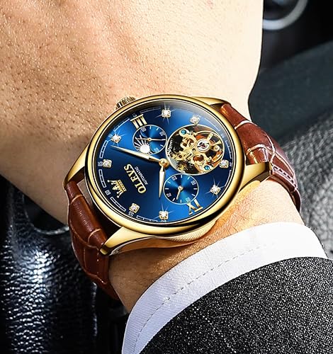 Miniatura 3 de OLEVS Relojes de cuero para hombre, mecánico automático, esqueleto Tourbillon, diamante, de lujo, cuerda automática, relojes de pulsera, fase lunar,