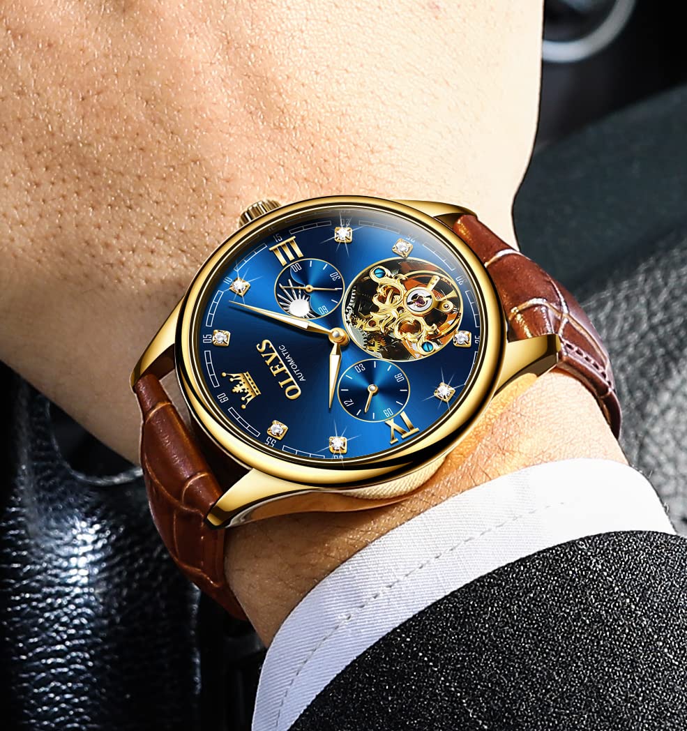 OLEVS Mens Leather Watches Automatic Mechanical Skeleton Tourbillon Diamond Luxury Self Winding Dress Wrist Watches Moon Phase Waterproof Luminous