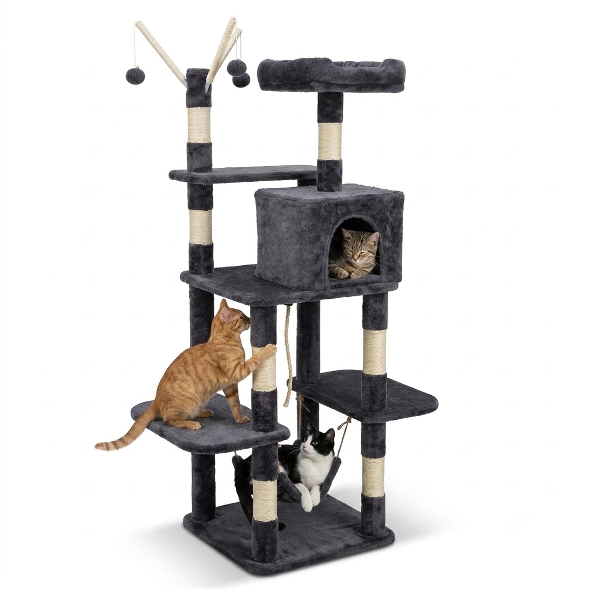Dark Grey Cat Activity Center for Indoor Cats | 154cm Multi-Level Cat Tree Tower with Condo & Hammock, Sisal Scratching Posts, Plush Perches, Hanging Toys, Stable Base