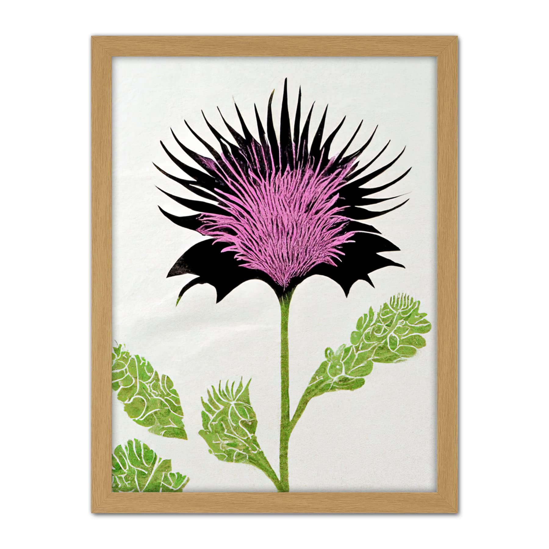 Doppelganger33 LTD Linocut Scottish Thistle Abstract Wildflower Artwork Framed Wall Art Print 18X24 Inch