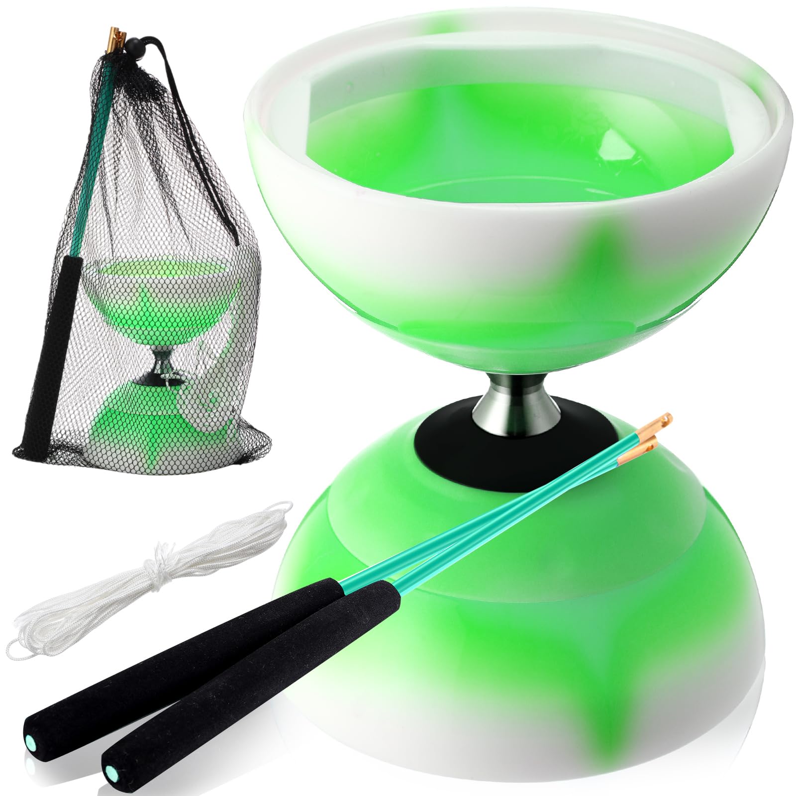 Chinese Yoyo Diabolo Set Includes Colorful Toy Diabolo Professional Yoyo with 2 Pieces Sticks, 1 Piece String, 1 Net Bag for Fun(Green)
