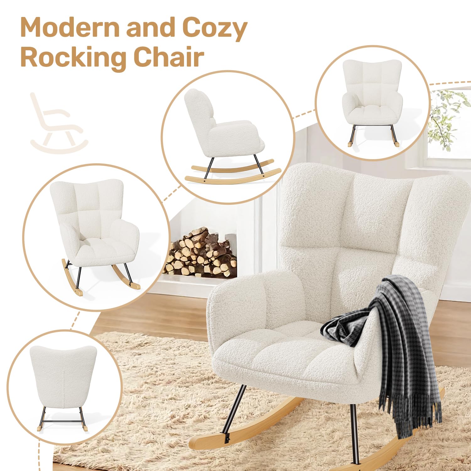 Hawthyhome Schaukelstuhl Relaxstuhl Sessel Stuhl Wohnzimmersessel, Schaukelsessel Gepolsterter Schwingsessel bis 136 kg belastbar Weiß Lounge Chair fürs Wohnzimmer Schlafzimmer Balkon