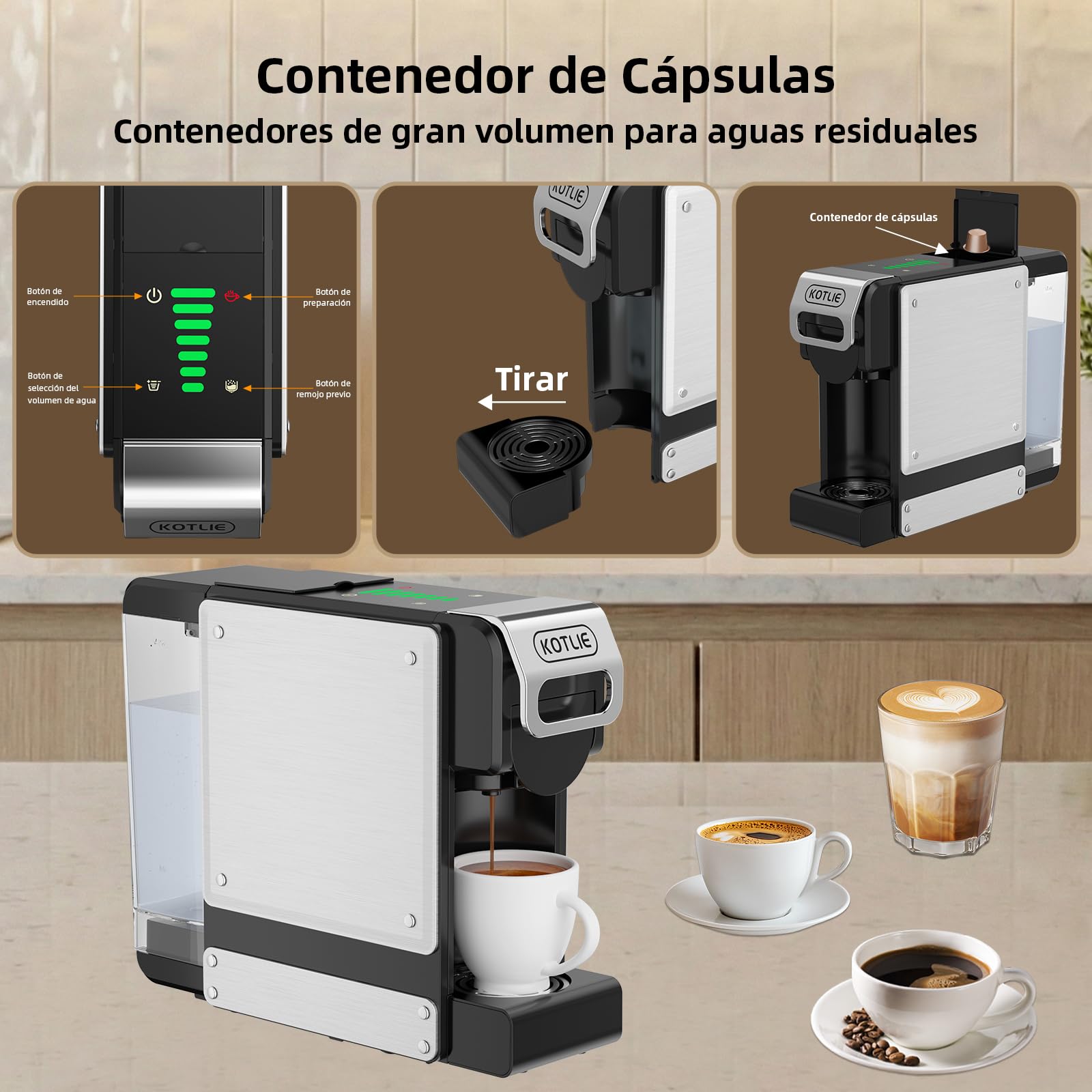 4 en 1 Máquina de Café en Cápsulas 19BAR para Lavazza MIO/Nespresso Original/Dolce Gusto cápsulas y Café Molido, Máquinas Automáticas de Café Espresso en Cápsulas Pequeñas, 1L, 1450 W